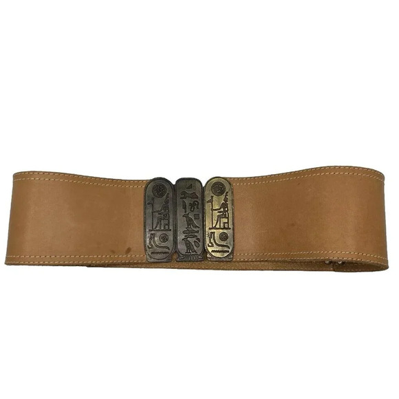 Vintage Accessories - Vintage Tan Leather Egyptian Hieroglyphics Wide Waist Belt Metal Made in Italy